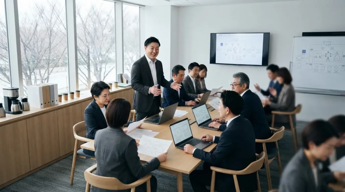 明るく洗練された相談室で、自治体職員に向けてkintoneアプリ内製化やネットワークセキュリティの助言を行う株式会社ディーフォーエル代表の則直豪