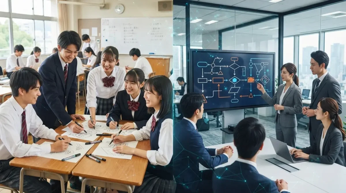 左側では日本の高校生がカバンを持たず机を囲み能動的に議論するワークショップ、右側では日本のビジネスパーソンが文字のない抽象図解を見ながらBPRを推進する、思考の体幹と伴走型ITコンサルティングの融合を象徴する対比イメージ。