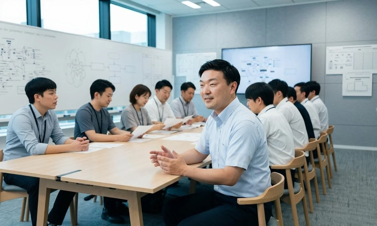 自治体のDX推進会議にて、自治体職員からの意見に耳を傾けながらBPR推進の伴走支援を行うディーフォーエルの則直豪代表