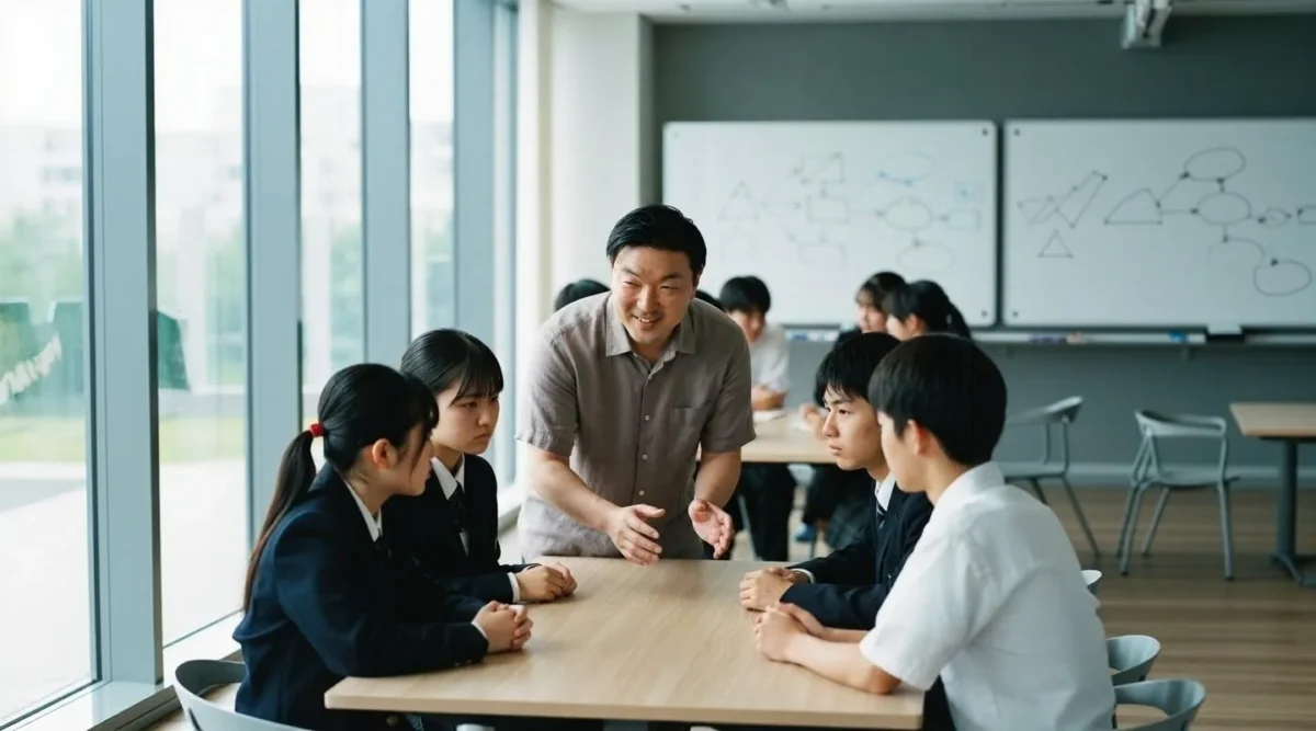北欧風の明るい光が差し込む洗練された教室で、真剣な眼差しでディスカッションを重ねる日本の高校生たちと、穏やかな表情で見守りながら伴走するファシリテーターの則直豪。