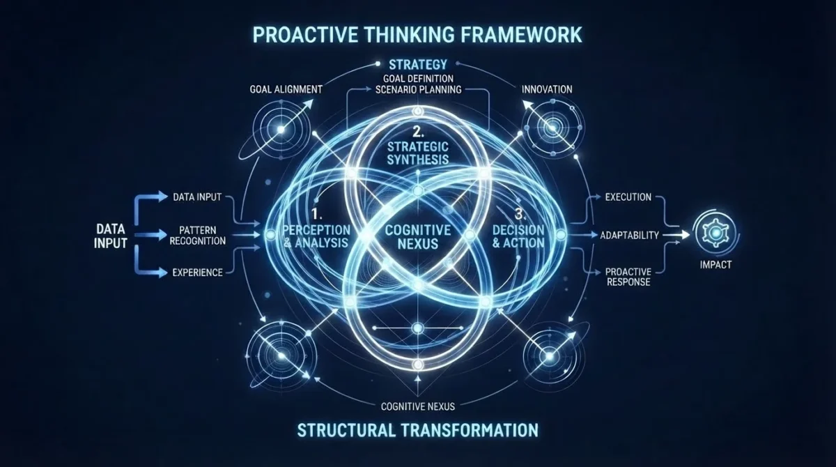 PROACTIVE THINKING FRAMEWORK（能動的思考フレームワーク）やCOGNITIVE NEXUS（認知の結合）の論理的なフローチャートと、交差する光のリングが美しく発光する、洗練された概念図のグラフィック。総務省DXアドバイザーの実績と、高校生すら能動的に動かす独自の思考フレームワークを表現した確定インフォグラフィック。