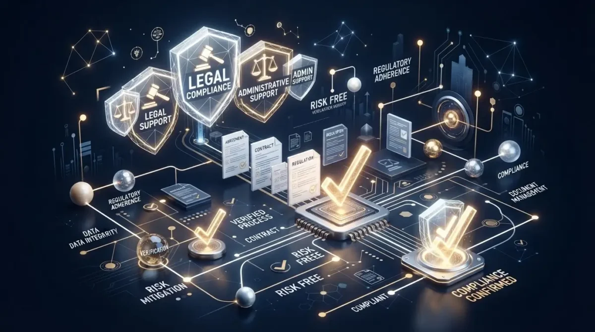 デジタル化された書類や計画書が、LEGAL COMPLIANCE（法令遵守）やADMINISTRATIVE SUPPORT（行政・事務支援）を模した強固な盾のアイコンとデータノードによって整然と処理・承認されていく様子を描いたクリーンな3Dインフォグラフィック。提携社労士事務所による助成金申請手続きの完全支援体制を表現した確定図解。