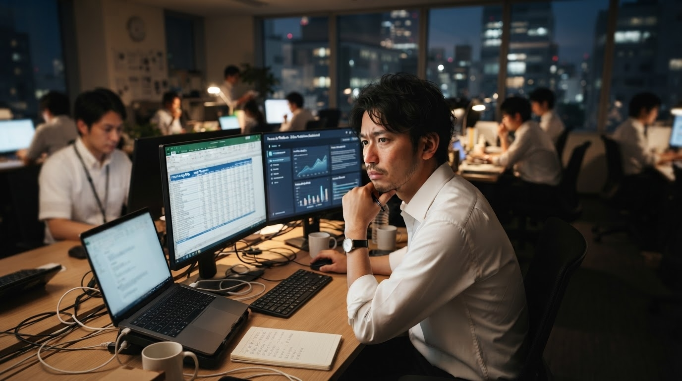 画面のExcelとAIツールを見比べながら、現場での業務適用に思い悩む日本のビジネスパーソンの様子