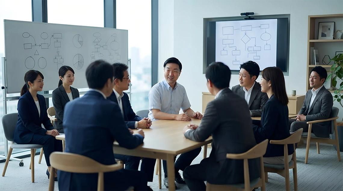 和歌山県庁の会議室にて、DX推進や業務プロセス改革に関する課題や今後の方向性について自治体職員と意見交換を行う株式会社ディーフォーエルの代表取締役 則直豪