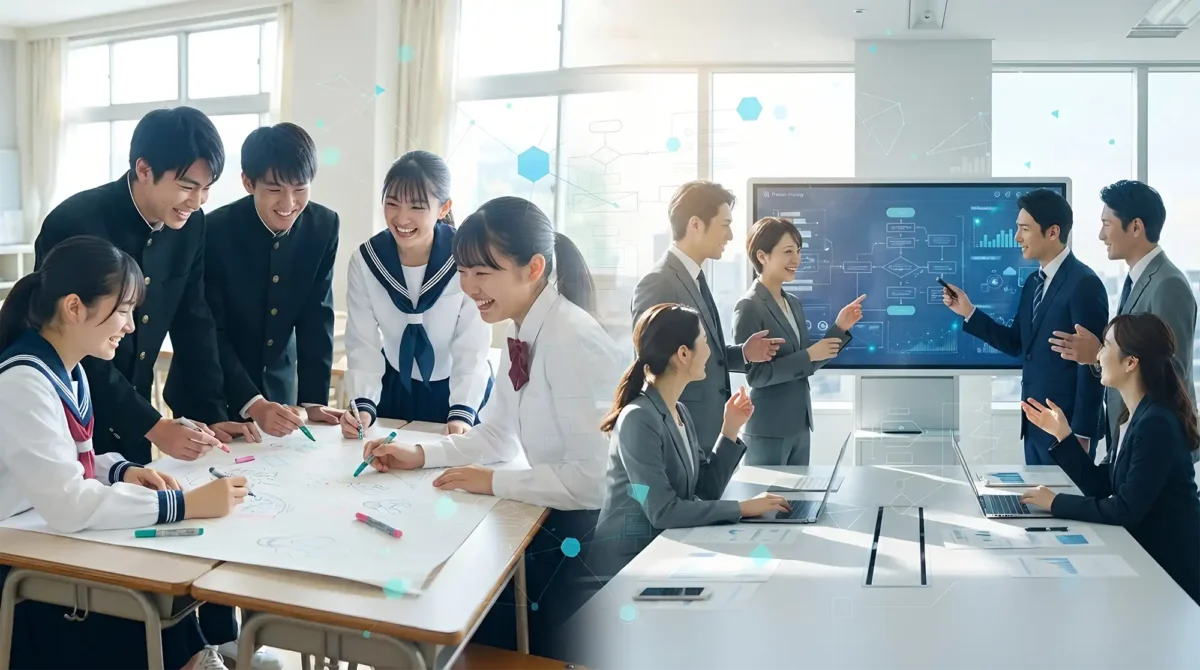 神戸の伴走型DXコンサルティング企業「株式会社ディーフォーエル（D4L）」の教育ノウハウ×ビジネス変革の対比ビジュアル。左側では高校生たちが笑顔で机を囲み能動的にアイデアを出し合う次世代育成アカデミーの風景。右側ではその思考フレームワークを応用し、オフィスでPCやフローチャート画面を囲み主体的にBPRやAI活用を議論する社会人たち。中央でアクアブルーの幾何学データノードが双方を美しく融合している。