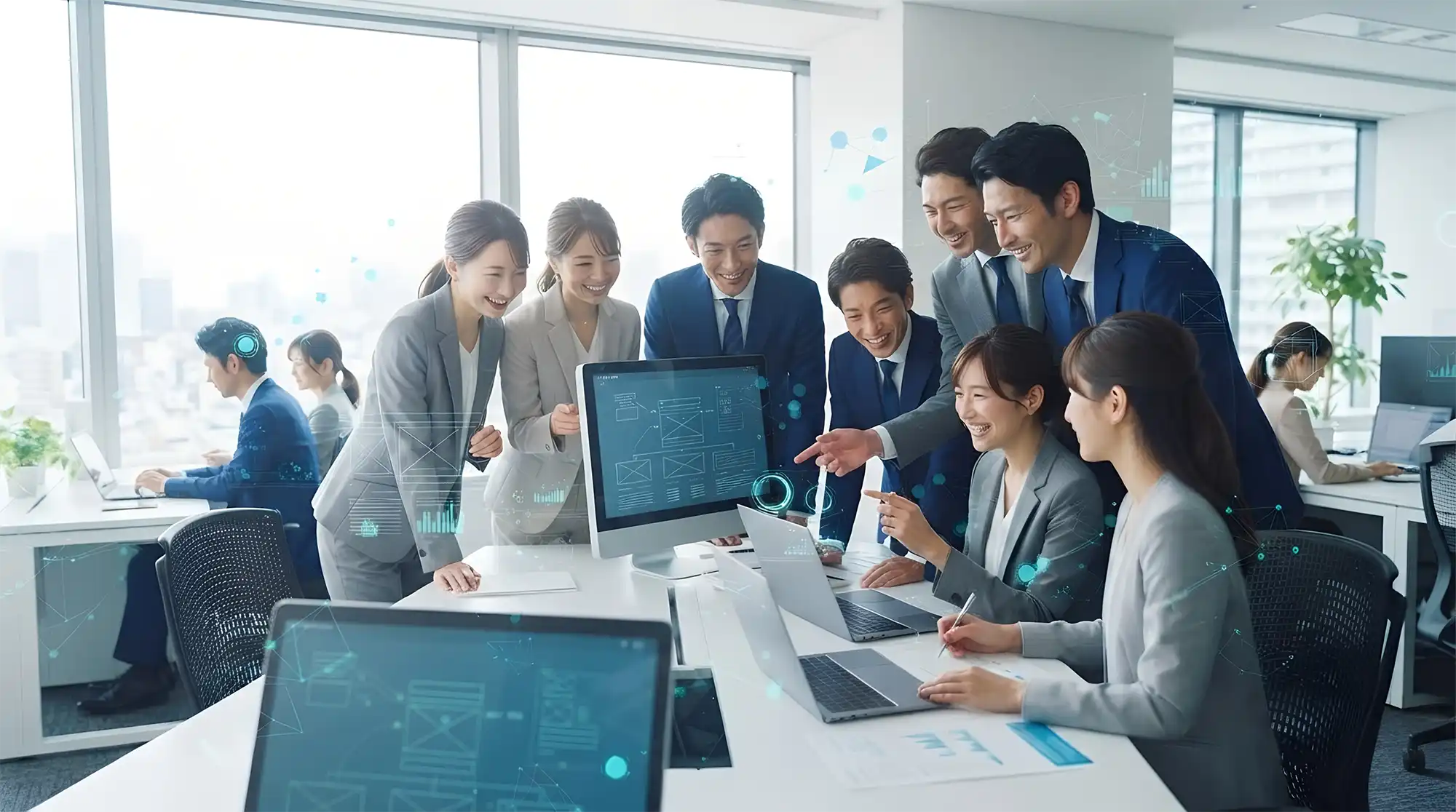 神戸の伴走型DX企業「株式会社ディーフォーエル（D4L）」の助成金活用AI・BPR研修セクション背景。光が差し込む明るいオフィスで、PCや大画面のワークフロー図を見ながら、笑顔で能動的に学び合う受講者たちと、伴走するコンサルタント。空間には、業務プロセス改革（BPR）やAIシステムを象徴する、繊細なアクアブルーの幾何学ネットワークやデータノードが透過して広がっている風景。